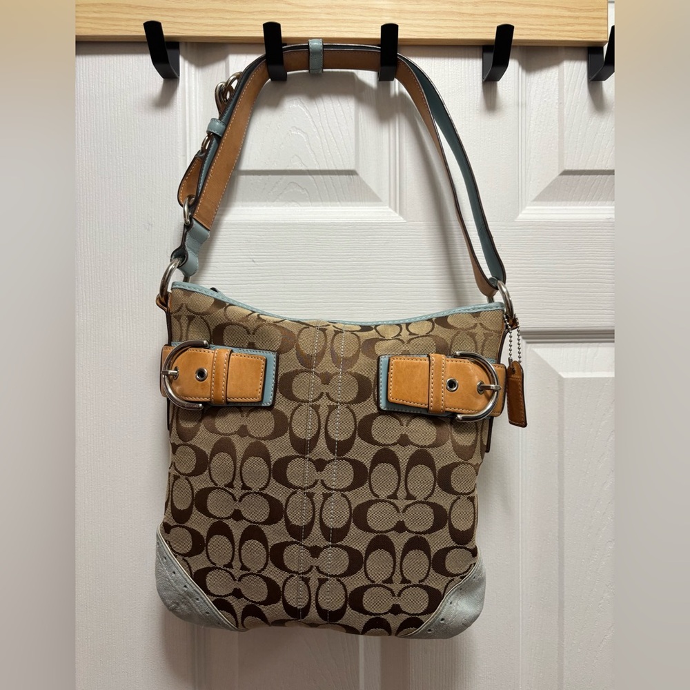 Coach VINTAGE H05K-1487 SoHo Slim Convertible Jacquard Canvas Lt Blue Suede EUC